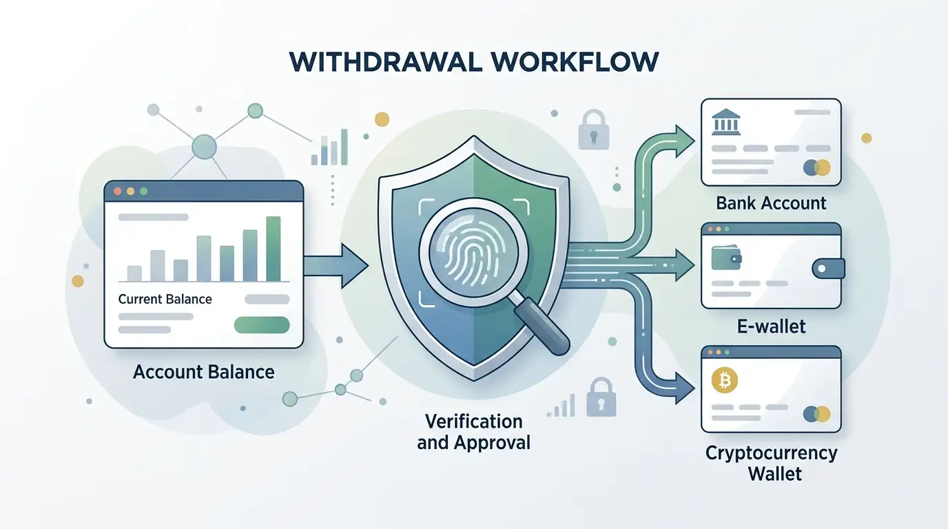 Illustration of a casino withdrawal moving from an account balance through verification to a payment destination