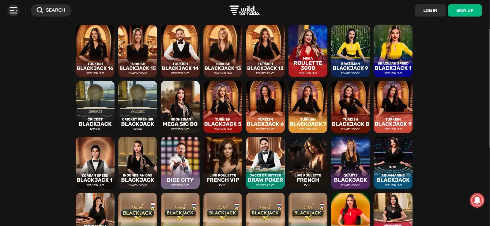Wild Tornado live casino lobby showing real live dealer tables