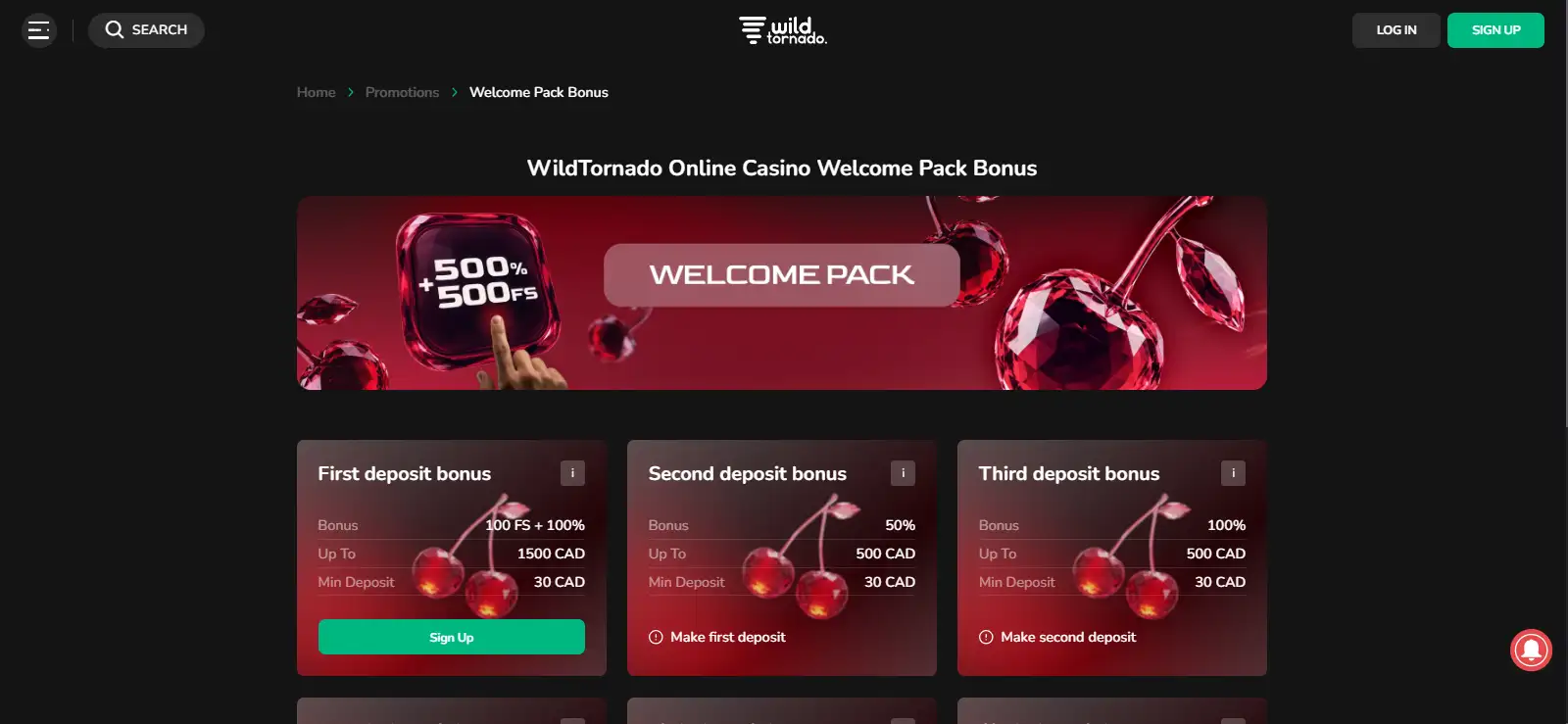 WildTornado current welcome promotion page showing the live bonus interface