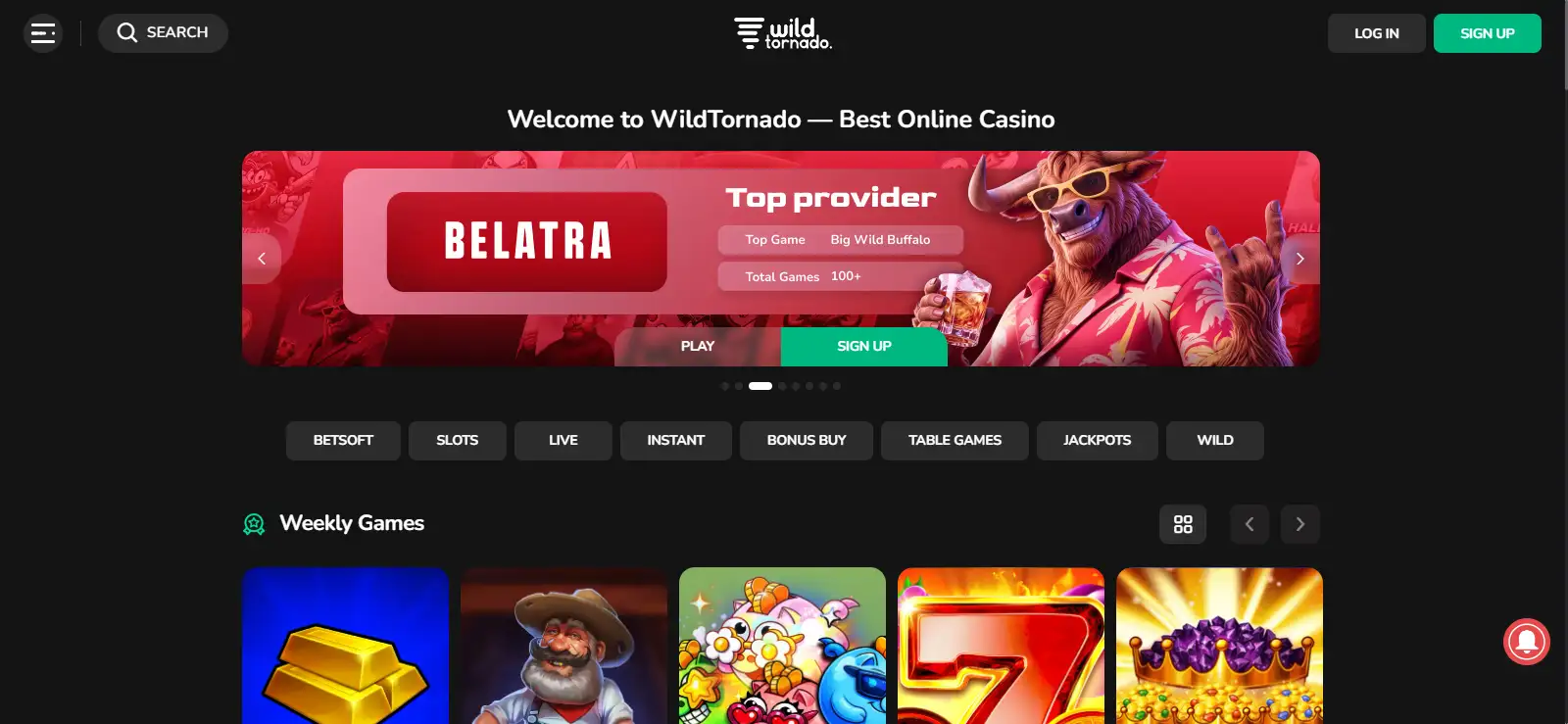 Current WildTornado casino homepage or lobby interface